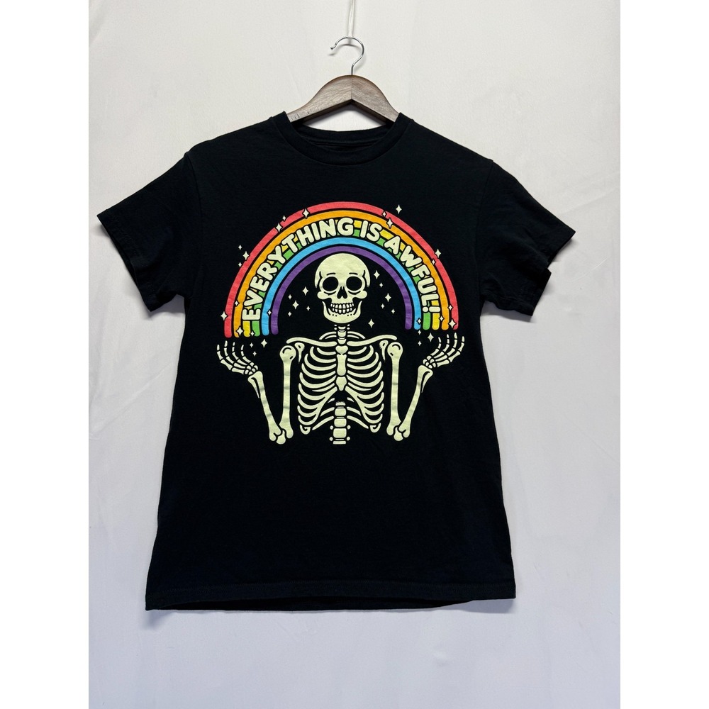 Hot Topic T Shirt Mens Small‎ Black Graphic Everything Is Awful Skeleton Rainbow